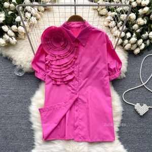Design sense niche unique and unique shirt womens three-dimensional flower bubble sleeve single breasted versatile slimming French top