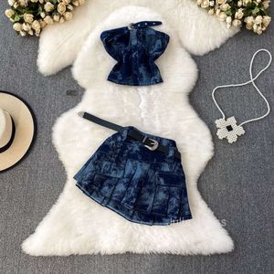 American Spicy Girl Sexy Womens Summer Tunic Set Fashion Bh Top Two Piece Set High midja A-Line Cake kjol