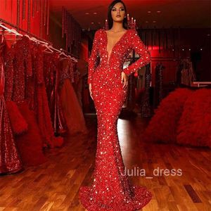 2024 Spring New Womens Wrapped Hip Dress with Fish Tail Edge Red Sequin Långärmad V-ringad klänning