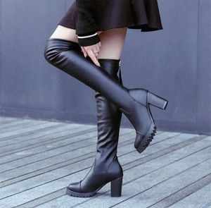 النساء الخريف فوق أحذية الركبة المرأة بو الجلود السوستة والسيدات عالية الكعب بوتاس أنثى منصة مثير للسيدات أحذية الأزياء G7of3358865