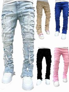 Mens Jeans Regular Fit Stacked Patch Män nödläge förstörde rak denim byxor streetwear kläder casual jean svart vit