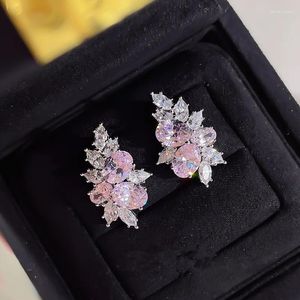 Studörhängen Huitan Sweet Pink Cubic Zirconia for Women Silver Color Fashionable Ear Piercing Accessories Wedding Party Jewelry