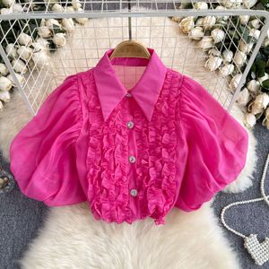 Summer style French bubble sleeved shirt for women with sweet wood ear lace patchwork niche perspective and unique top