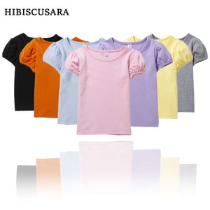 女の子の100％コットン半袖の夏のパフティーTシャツ学校のためのプレイ幼児ティーンエイジャーカジュアルトップスティーソリッドL2405