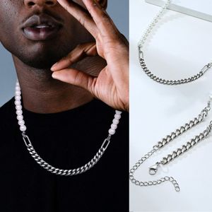 Hiphop Half 7mm Miami Cuban Link Chain And Half 8mm Pearls Choker Necklace For Men And Women In Stainless Steel JewelryQ0115 2126