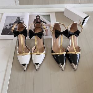 Designer Slingback sandal Women 8cm high heel dress shoes Triangle buckle T straps Pumps Black white Pointed toe Sandals Slingbacks Pump sandal size 34-41