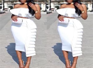 Women 2 Piece Sets Crop Tops Skirts Sexy Dinner Ruffles Off Shoulder Slim Jupes 2020 Fashion New Summer Backless Party Wear Suit T2300585
