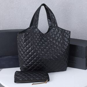 ICare Large Women Leather Tote Black Beige Plaid Lady Handbag Thread Diamond Lattice Shopping Väskor 1950