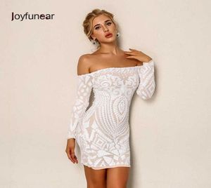 JoyFunear Sexig paljett Kort klänning Kvinnor Elegant Vit utanför axeln Clubwear Party Vestidos Långärmad miniklänningar Y19051109173389