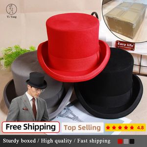 Wool Flat Man Top Hat Fashion Fedora Versatile Magician Cap Gentleman Cylinder Strap Steampunk hat Elegant black luxury 240527