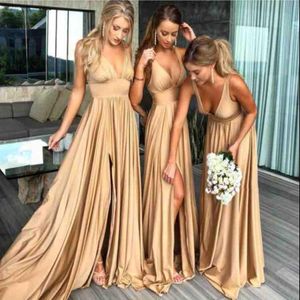 Gold Bridesmaid Dresses Deep V Neck Soft Silk Side Split Sweep Train A Line Sexy Prom Dress Party Wear Junior Bridesmaid Dress 228K