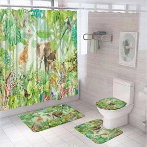 Shower Curtains Tropical Rainforest Curtain Sets Rug Toilet Cover Bath Mat Animal Elephant Giraffe Leopard Tiger Jungle Bathroom