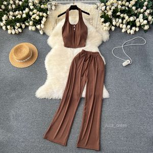 Korean Casual Sports Set Sexy Rückenless Halter Top Mode und vielseitig hohe Taille Wide Leghose Mode zweiteilige Set