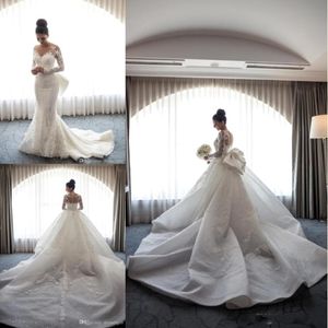 2018 Arabiska underbara sjöjungfrun bröllopsklänningar med avtagbar lång tåg illusion långa ärmar med full spets brudklänningar ba9665 1903