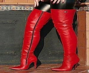 Rihana 2019 Moda Mulher Red Leather Boots Longo Sapatos de outono de inverno Ponto pontual sobre as botas de salto alto do joelho Zapatos de Mujer8046746