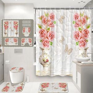 シャワーカーテン4PCS豪華な花のカーテンビンテージノルディックバタフライシンプルなファッションクリエイティブホームバスルーム装飾セットトイレカバーラグマット