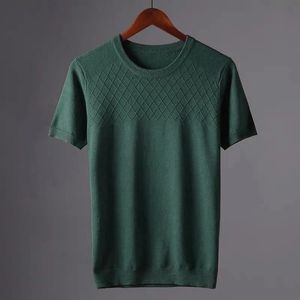 High quality ice silk breathable knitted Tshirt men summer fashion Korean version solid color plus size loose short sleeve top 240518