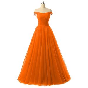 2019 Nya ankomster orange från axeln a-line långa brudtärna klänningar tyll bröllop gäst maid av hedersklänningar 100% verklig bild 316J