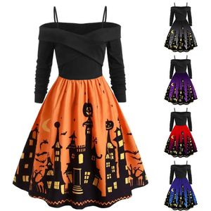 Kvinnor Pumpkin Party Print Dress Halloween Long Sleeve V Neck Vintage Casual Plus Size Dresses Vestido Corto Mujer FD Y0903 294M