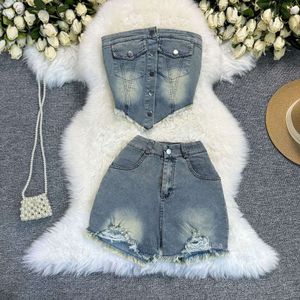 Summer sweet and cool style spicy girl denim set for women with small stature fur edge top and shorts denim two-piece set