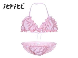 IEFIEL Sissy Mens Ruffled Filly Shiny Lingerie Set Set Strappy Halter Bikini Bra Top с трусами GSTRINGS LOANGEBEAR GEAP PANTIS7031650