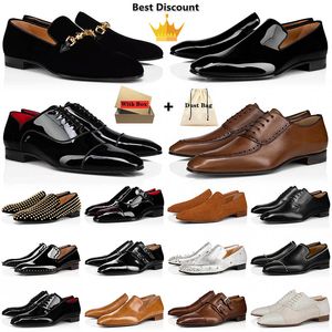 2024 With Box Top Designer Red Bottoms Men Dress Shoes Genuine Leather Patent Black Brown Rivets Slip On Office Business Loafers Bottom Sneakers Big Size 38-50