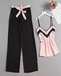 Lipiec 039S Piosenka 2 sztuka Kobieta piżamowa set bejka jedwabna seksowna odzież snu Kobieta różowa top i długie spodnie Slap Letnia PaJama HOMEW6919379774