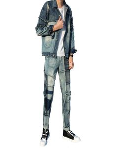Novos trajes de tracks moda estilo blue homens define jaquetas jeans e jeans emendados de duas peças definidas por outono de inverno de manga longa masculina clohing9984374