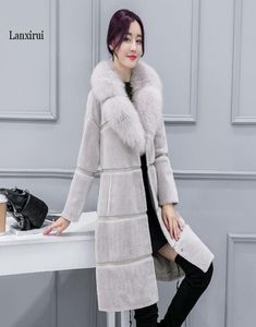 Women039S Fur Coats 2019 Faux Fur Collar Winter Fashion Grey Faux Coat Women Elegant Jacket厚い暖かいアウター4346018