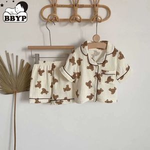 2Pcs Summber Kids Pajamas Korean Long Sleeve Print Bear Cardigan And Pants Cotton Musline Yarn Sleepwear 240528