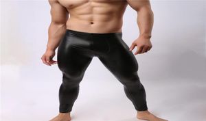 Sexy Männer lange Johns Unterhemd Slim Black Faux Leder -Unterhose Männlich dünn glatt u konvex