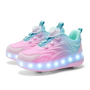 Double Wheeled Childrens LED Roller Skateboardschuhe für Kinder Jungen Mädchen Luminous Sports Schuhe Skateboard USB -Ladung 240527