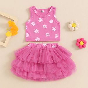 Neugeborene Mädchen Sommer -Outfits Blumendruck runder Hals ärmellose Tanktops geschichtetes Mesh Tüll Tutu Röcke 2pcs Kleidung Set Set