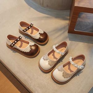 Flat shoes Girls Spring Leather Shoes Ruffles Beading Beige Brown Children Mary Janes Round Toe Shallow Fashion Kids Flat Shoe 23-33 WX5.28