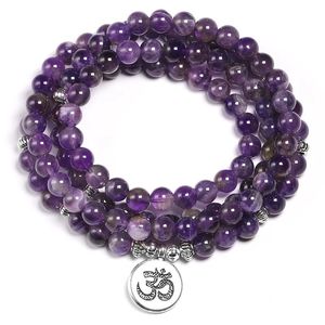 Natural Purple Crystal Amethysts Armband 6mm pärlor Halsband Yoga 108 Mala Stone Armband för kvinnor Lotus Energy Smycken 240529