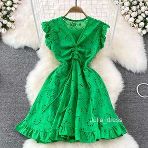French First Love Dress Summer Korean Version V-neck Flying Sleeves with Hollow Embroidery Slim Waist A-line Ruffle Edge Dress for Women