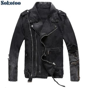 Sokotoo Mens Zippers Black Denim Jean Biker Jacket för motorcykel Vintage Epaulet Holes Ripped nödställd kappa 240520