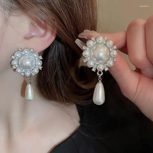 Dangle Earrings Elegant Rhinestone Pearl Circular Water Droplet Drop For Women French Style Female Jewelry