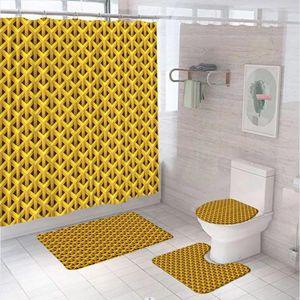 Duş perdeleri sarı geometrik ızgara perde seti kaymaz halı tuvalet kapak banyo matı özet modern 3d ağ dokuma sanat banyo