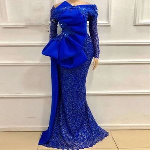 Vintage Aso Ebi Abendkleider Mermaid Langarm Spitze Afrikanische Frauen Prom Kleider Plus Größe Royal Blue Nigeria Partykleider 0529