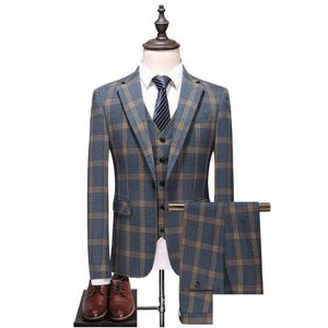 Men'S Suits Blazers Trend Large Size Plaid Suit Three-Piece Mens Business Casual Professional Groom Wedding Dress Stage Costume 5X Dhijd