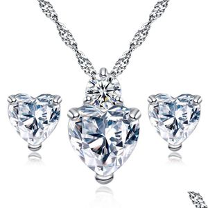 Earrings & Necklace High Quality Cz Heart Stud Sets Crystal Rhinestone Love Pendant Charm Sterling Sier Chain For Women Fashion Drop Dh8O1