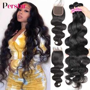 Hair Wefts Perstar Human Hair Bundles With Closure Brazil Body Wave Bundles With Closure Human Hair Weave extensions 3/4 Bundles Remy Q240529