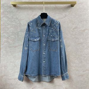 2024 Blue Denim Jacket Lapel Neck bead Crystals Women's Coats Designer Long Sleeves Butttons Women Cardigans 52933