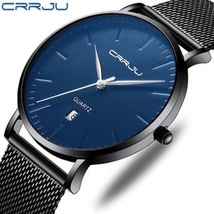 Fashion Mens Minimalist Watches crrju Ultra Thin black Stainless Steel Mesh Band Watch Men Business Casual Analog Quartz clock 210L