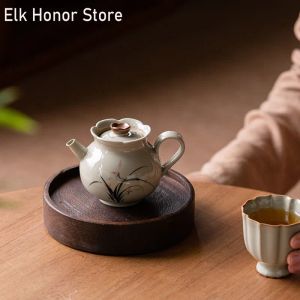 160ml Retro Grass Ash Ceramics Teapot Hand-painted Orchid Art Tea Pot Creative Flower Mouth Kettle Chinese Tea Maker Pot Tea Set