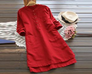 ZANZEA Plus Size Women Shirt Dress Long Sleeve Mandarin Collar Pockets Buttons Mini Vestido 2018 SAutumn Spring Long Tunic Top Y191645454