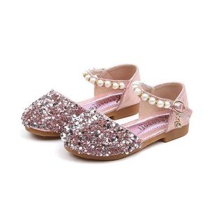 Flat shoes Summer Girls Shoes Bead Mary Janes Flats Fling Princess Shoes Baby Dance Shoes Kids Sandals Children Wedding Shoes Gold WX5.28