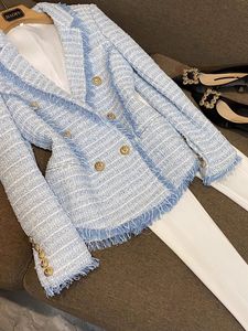 2024 Spring Blue Houndstooth getötete Tweed Blazers Langarmgekerbterköpfchen doppelte Outwear-Outwear-Schichten O4W292332