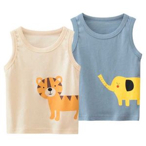 Tank Top T-shirts 2024 Summer New Girls Vest Cartoon Tiger Singlet Tops Childrens Sleeveless O-Neck Cotton Elephant Print T-Shirts Kids Clothes WX5.28